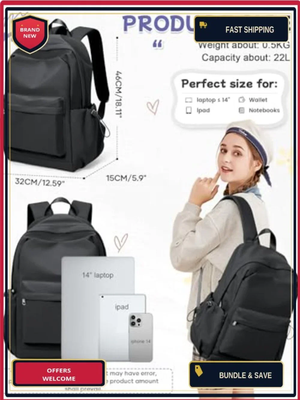 Water-Resistant Nylon Backpack with Laptop Compartment for School Travel